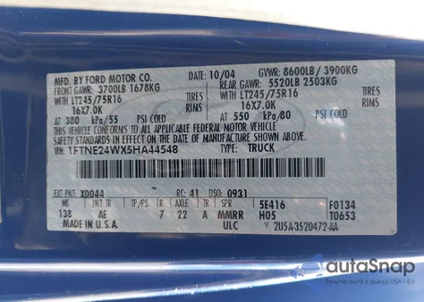 2005 Ford E-250 Commercial/Recreational from USA, damaged, VIN 1FTNE24WX5HA44548